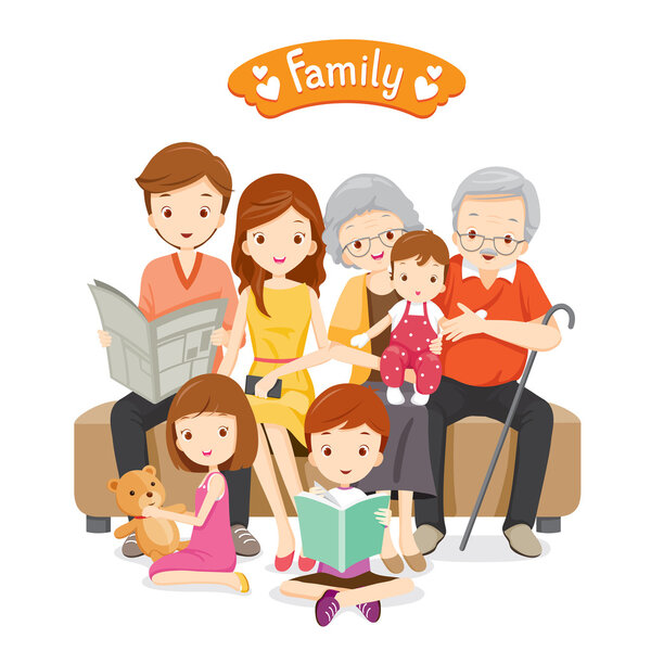 Happy Family seduta su divano e pavimento — Vettoriale Stock