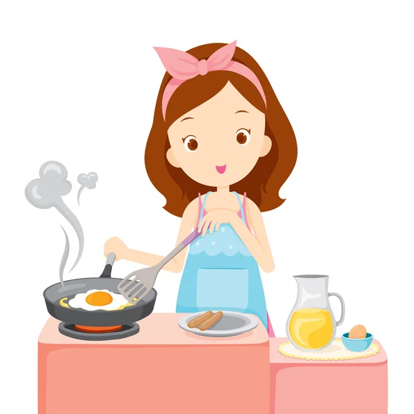 Chica cocinar huevo frito para el desayuno — Archivo Imágenes Vectoriales