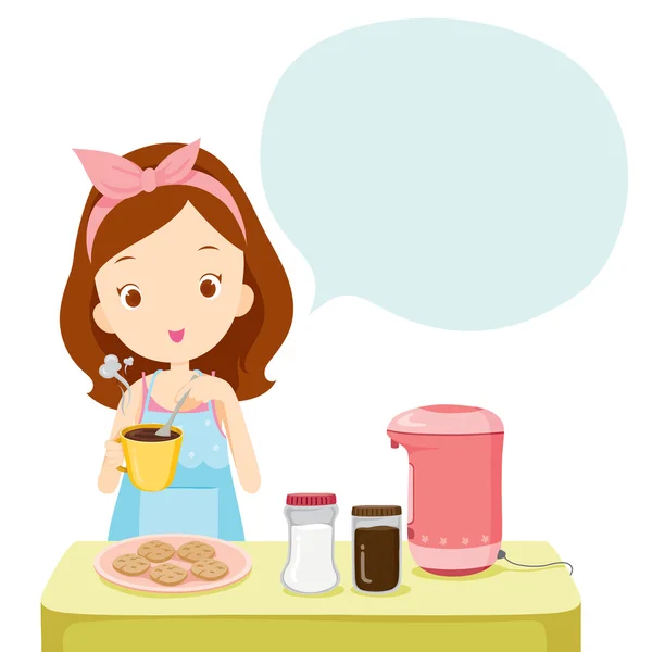 Chica haciendo café con burbuja de conversación — Vector de stock