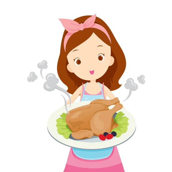 Chica mostrando pollo asado en el plato — Vector de stock