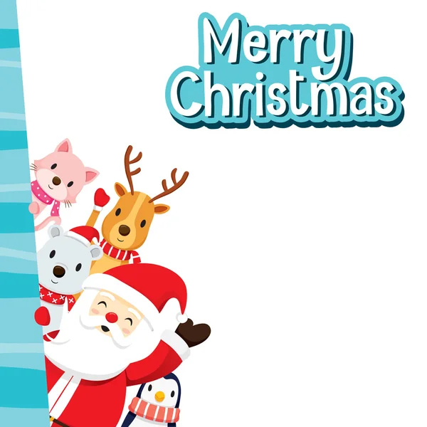 Tarjeta de felicitación de Navidad con Papá Noel y Animales — Vector de stock