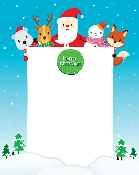 Papá Noel, muñeco de nieve y animales con signo en blanco — Vector de stock