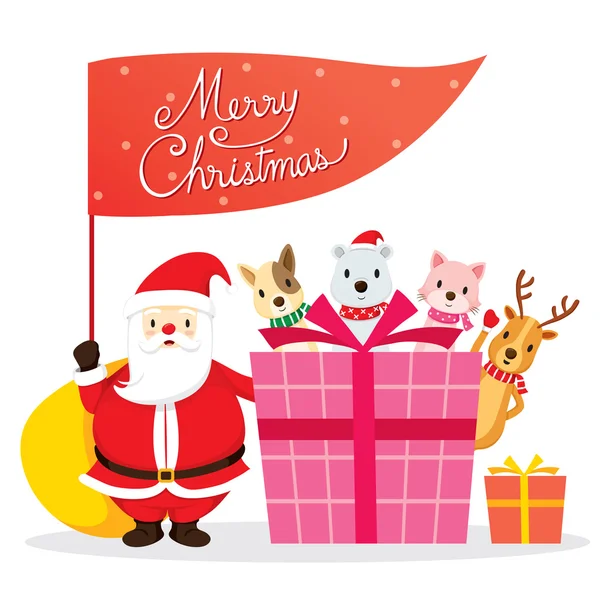 Papá Noel, animales y caja de regalo — Archivo Imágenes Vectoriales