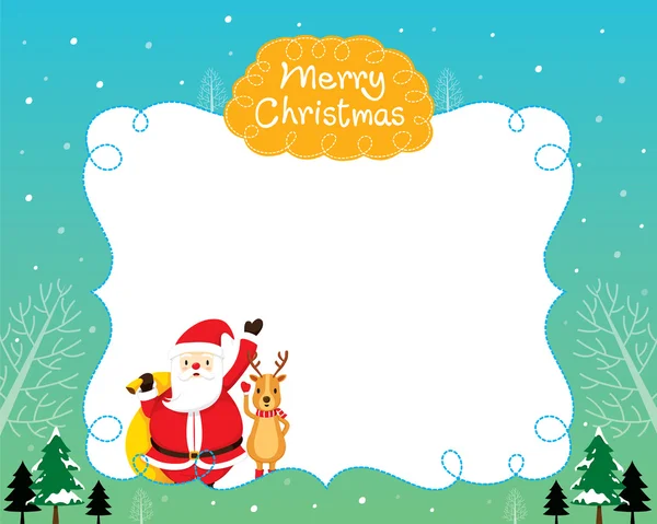Weihnachtsmann und Rentier mit Weihnachtsbaum und Schneefallgrenze — Stockvektor