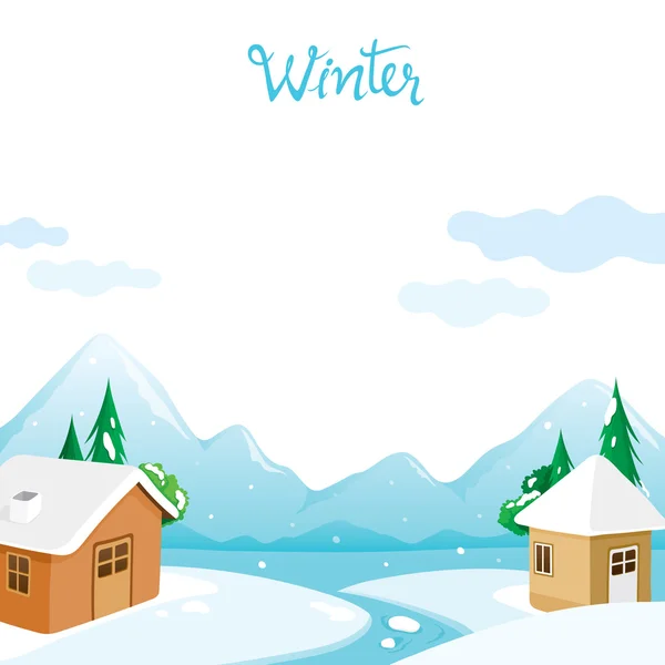 雪、 河、 山背景的房子 — 图库矢量图片