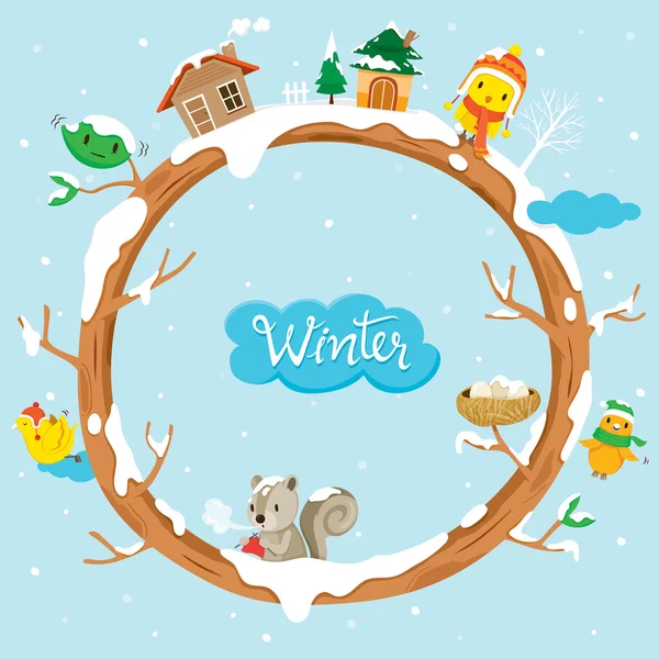 Arbre cercle avec maisons, animaux et neige — Image vectorielle