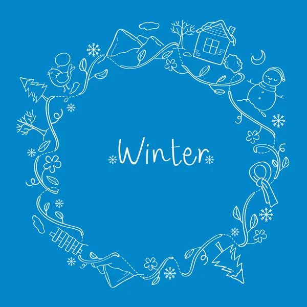 Winter Outline Objects On Round Frame — Stock Vector