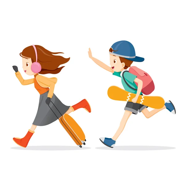 Menino e menina correndo para viajar — Vetor de Stock