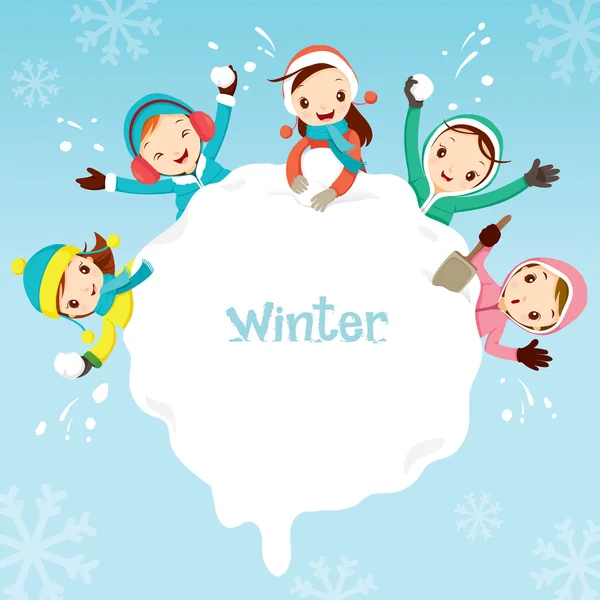 Niños jugando a la nieve juntos alrededor de Snowdrift — Vector de stock