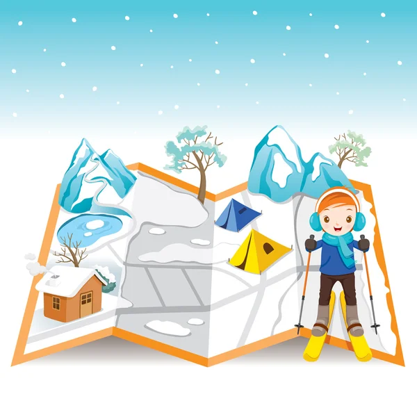 Garçon Ski sur la carte avec paysage hivernal — Image vectorielle