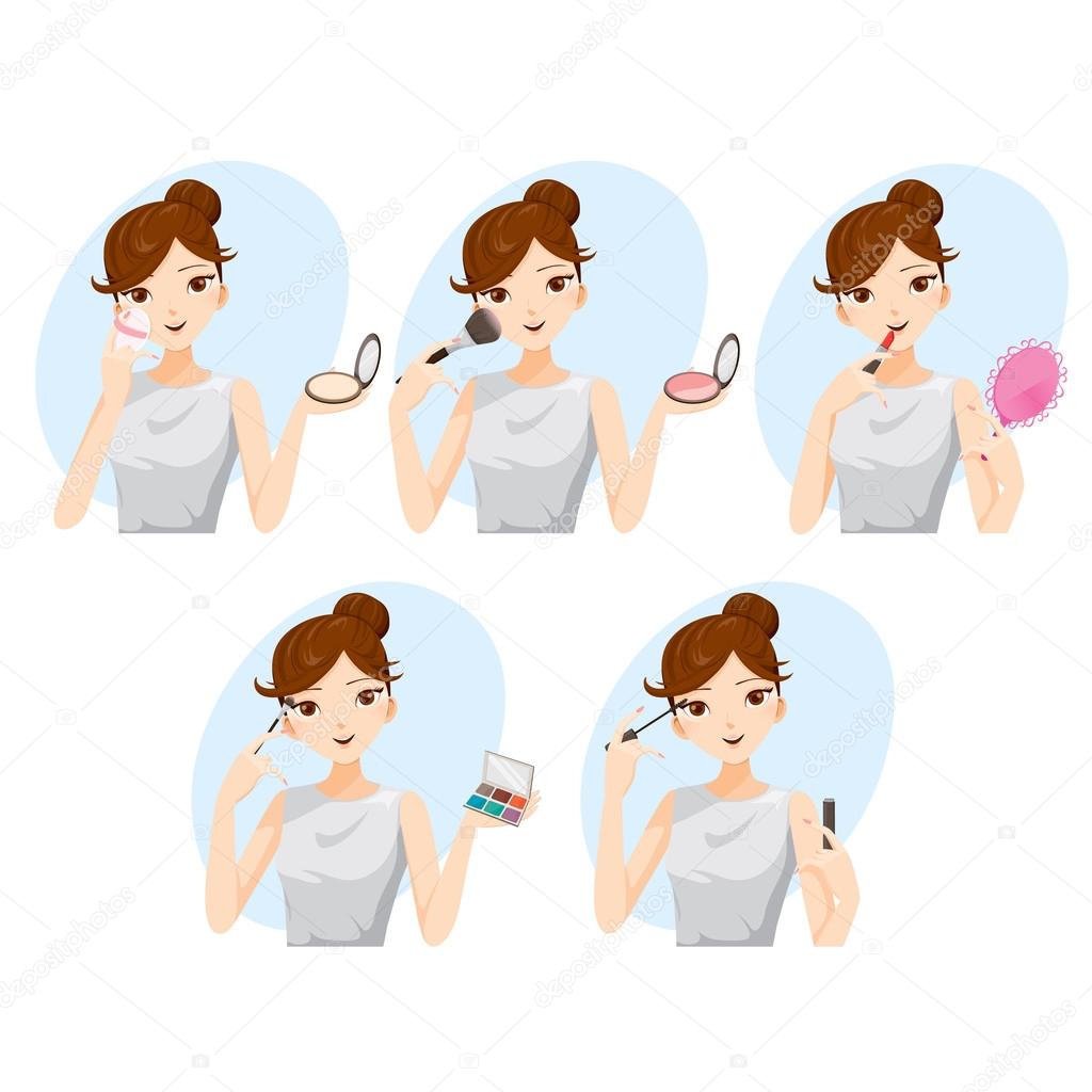 Young woman makes up with various actions