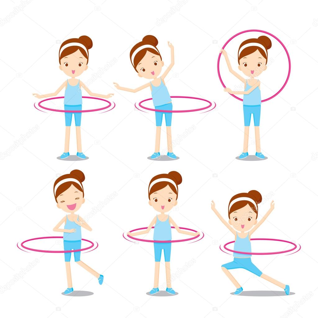Cute girl with hula hoop twirling actions set