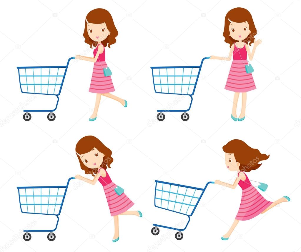 Girl pushing empty shopping carts with various actions set