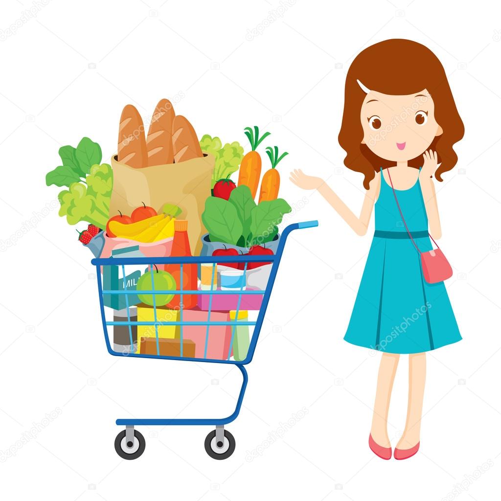 Girl and shopping cart full of eating