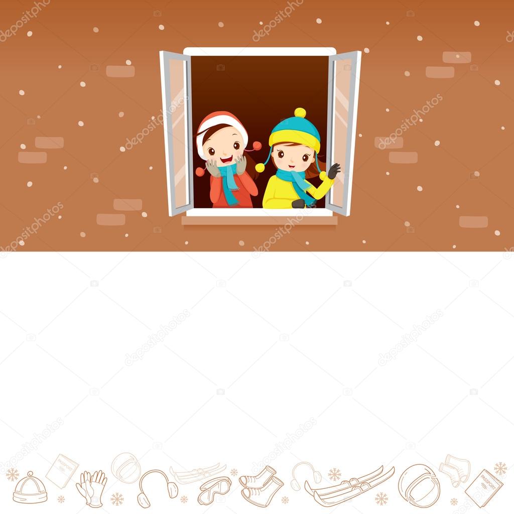 Girls On Window With Winter Equipment Outline Icons 
