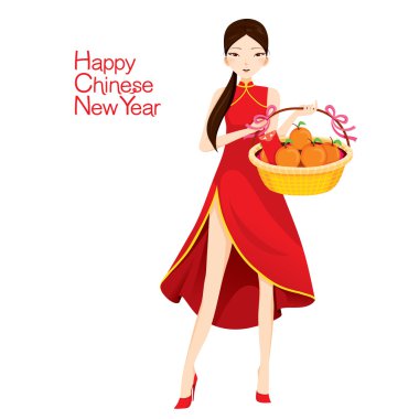 Sepeti tutan Cheongsam güzel kadınla