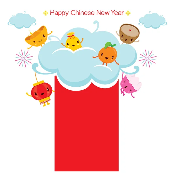 Año nuevo chino lindo dibujo animado con bandera — Archivo Imágenes Vectoriales