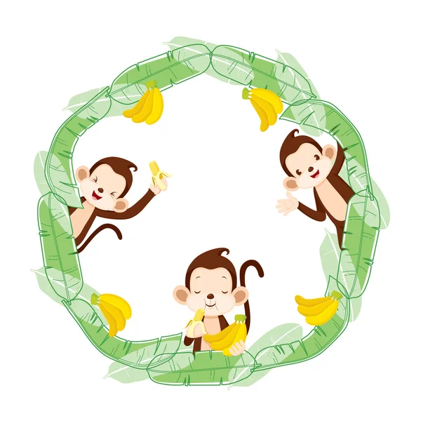 Monyet dan Pisang Pada Bingkai Lingkaran - Stok Vektor