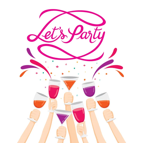 Mãos levantadas com bebidas, copos de champanhe, saúde, festa Lette — Vetor de Stock