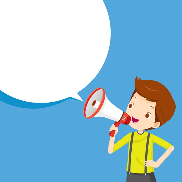 Boy With Megaphone Announcement And Speech Bubble — Stock Vector