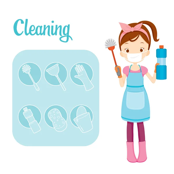 Chica con el equipo de limpieza del inodoro y el esquema de iconos conjunto — Vector de stock