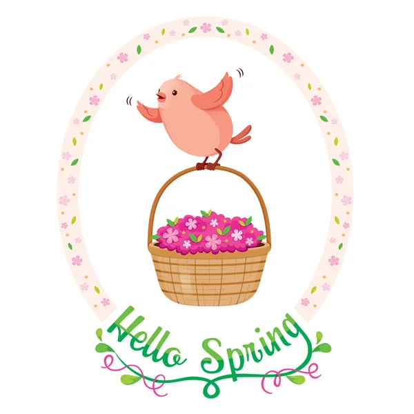 Flying Bird y cesta de la flor en marco floral con letras — Vector de stock