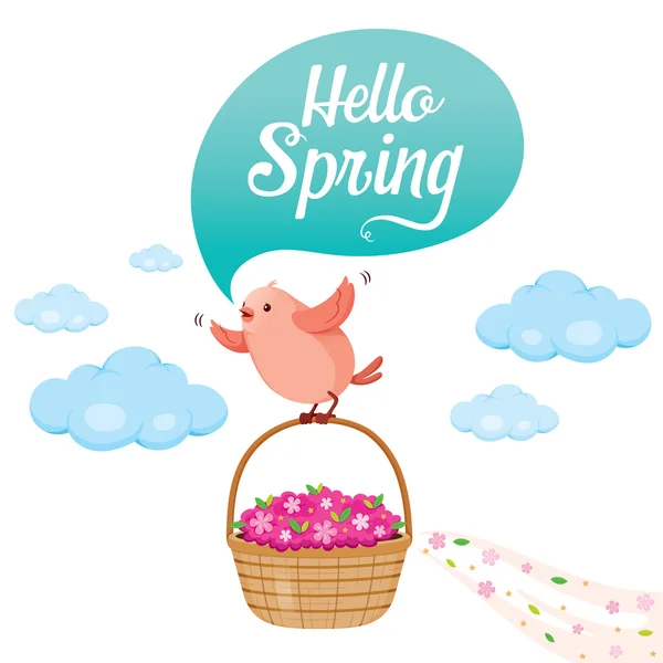 Flying Bird and Flower Basket On Sky With Talking Bubble — стоковый вектор