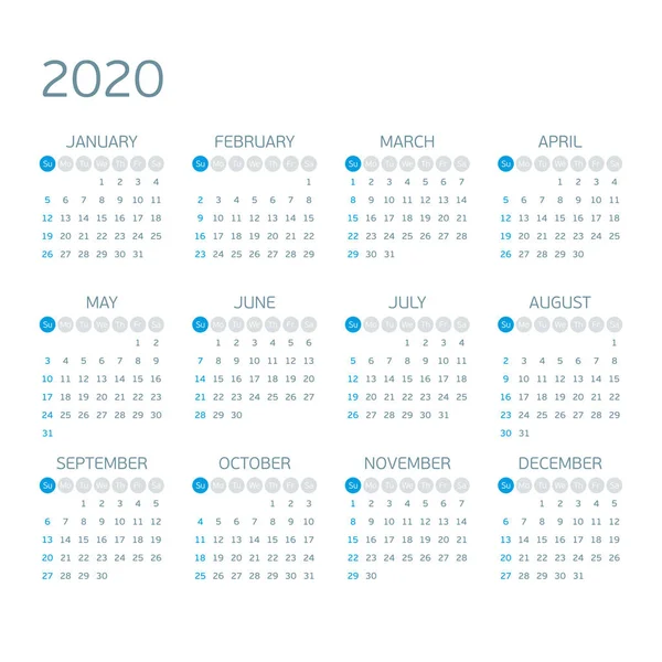 Calendario 2020 año vector. — Archivo Imágenes Vectoriales