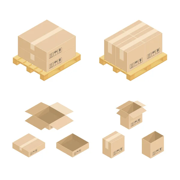 Caixas de papelão isométricas e paletes. — Vetor de Stock