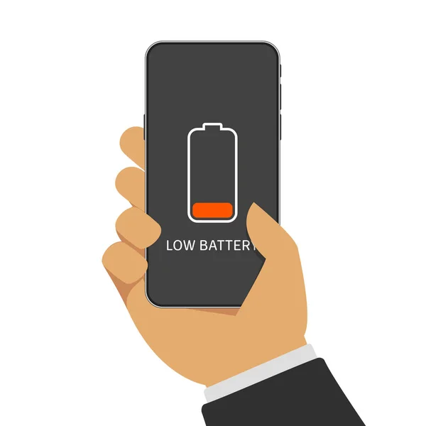 Smartphone de mano con batería baja . — Vector de stock