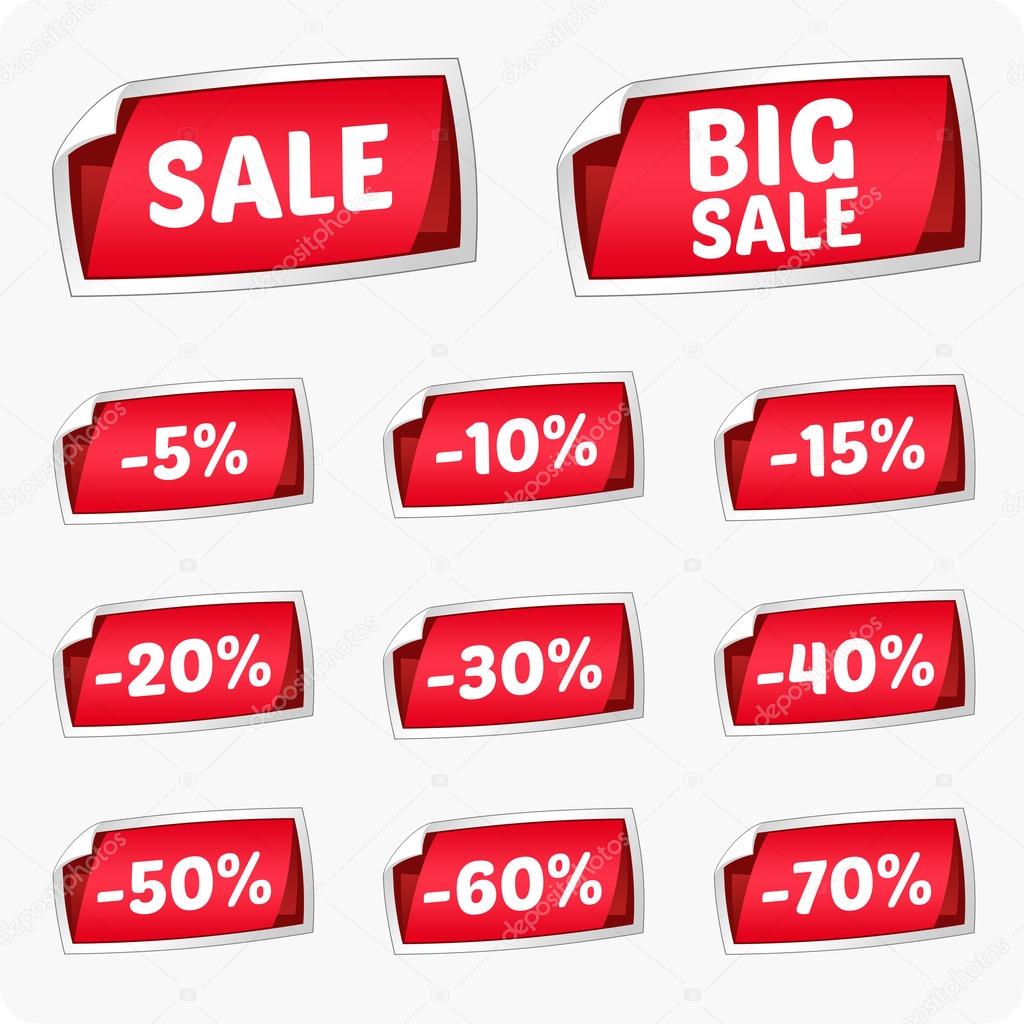 Set of red stickers for discount.