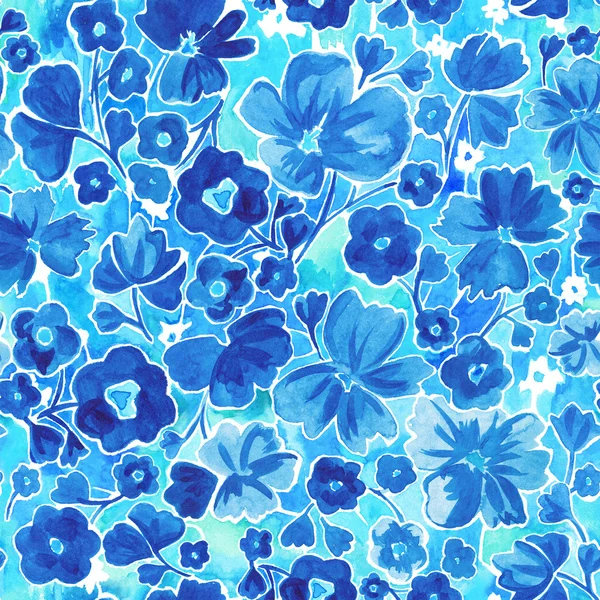 Seamless watercolor artistic flower pattern, bright blue with white fantasy floral backgorund print — Stock Photo, Image