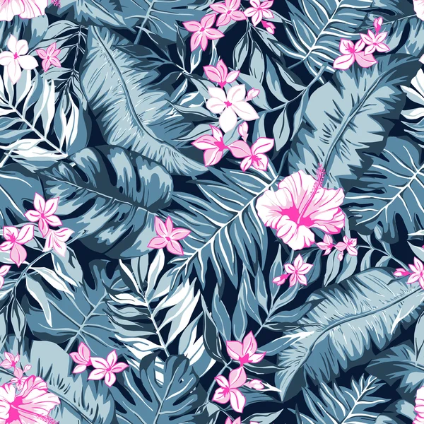 Vettore senza soluzione di continuità brillante grigio e rosa motivo tropicale grafico con foglie, fiori — Vettoriale Stock