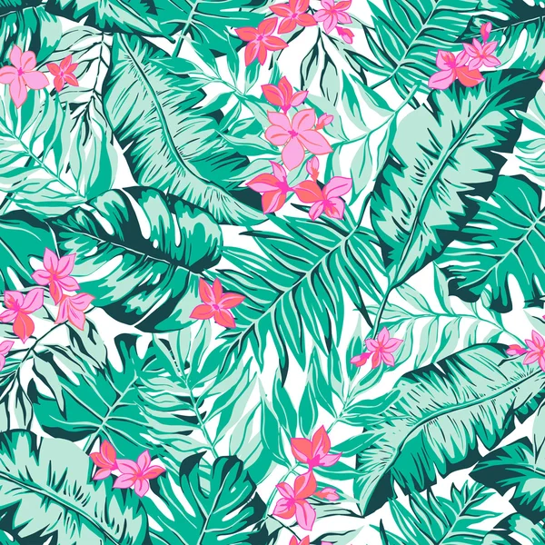 Motif tropical graphique lumineux sans couture vectoriel avec feuilles, fleurs — Image vectorielle