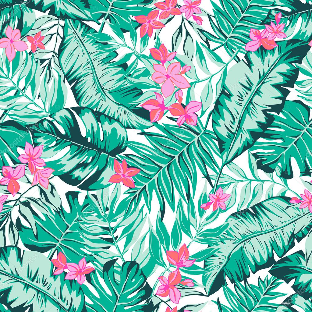 vector seamless bright graphical tropical pattern with leaves, flowers