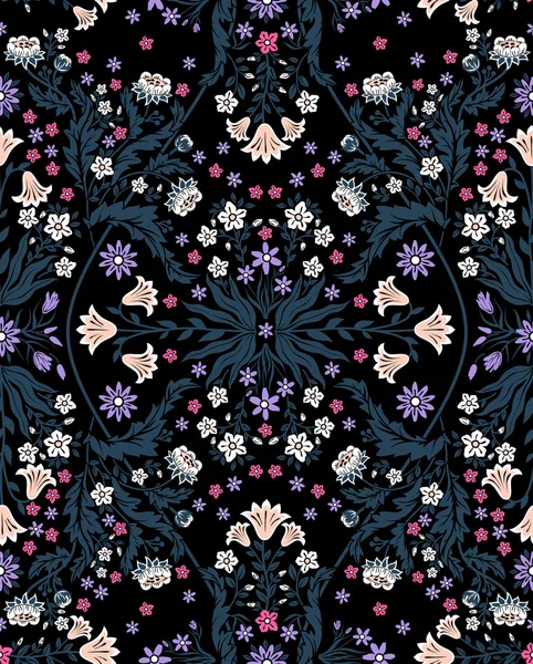 Vector seamless gentle artistic hand drawn symmetrical fractal floral foliage pattern with little ditsy flowers — 图库矢量图片