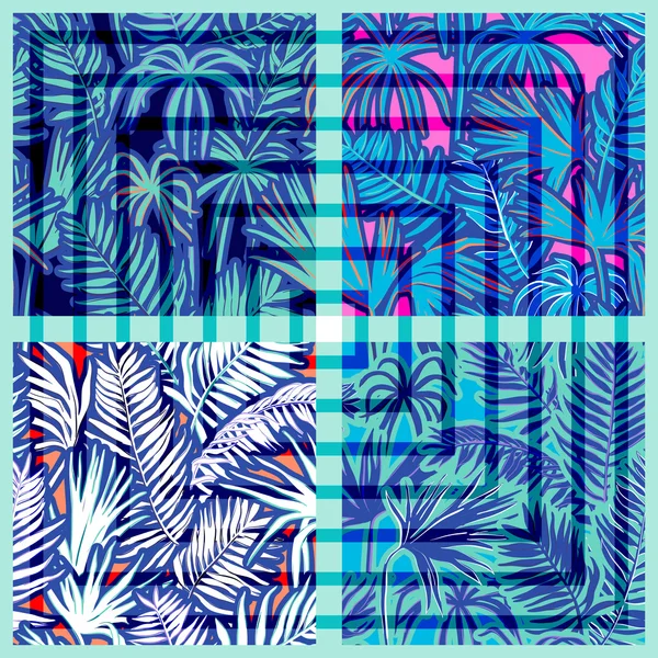 Vektor nahtlose grafische künstlerische tropische Laubmuster mit geometrischen Quadraten überlagert — Stockvektor