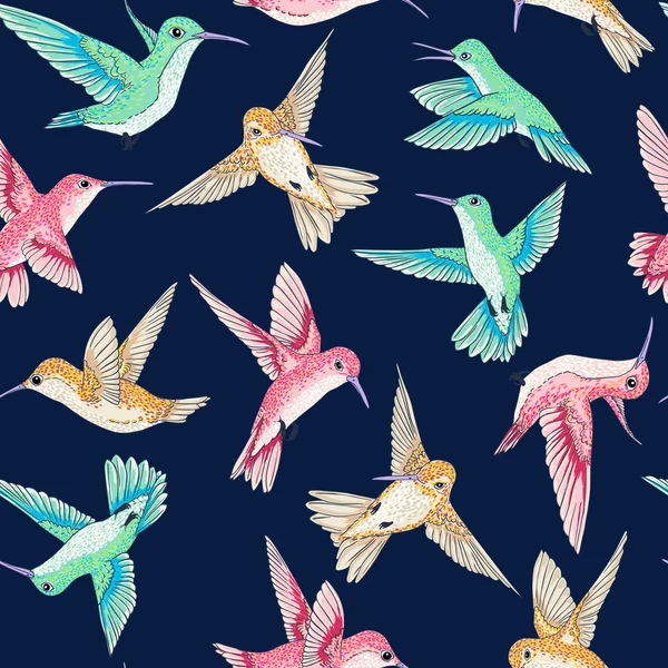 Vektor nahtlos fliegende kleine Paradiesvögel Gesprächsmuster mehrfarbig — Stockvektor