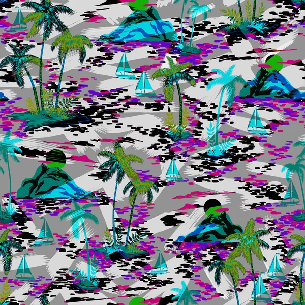 Sem costura multi cor brilhante padrão de verão tropical havaiano ativo com palmas, montanhas, barcos — Fotografia de Stock