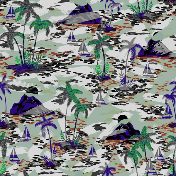 Sans couture multi couleur lumineux motif d'été tropical hawaïen actif avec palmiers, montagnes, bateaux — Photo