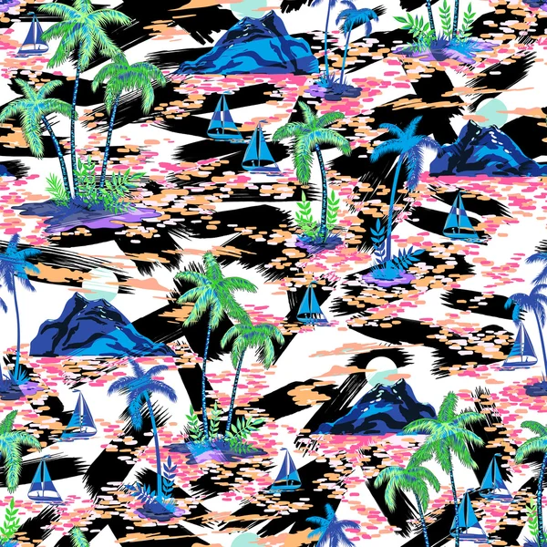 Senza soluzione di continuità multi colore brillante modello estate tropicale hawaiano attivo con palme, montagne, barche — Foto Stock