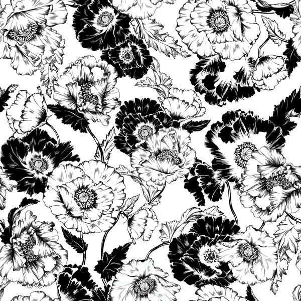 Seamless beautiful hand drawn poppy flowers with leaves pattern. — 图库照片