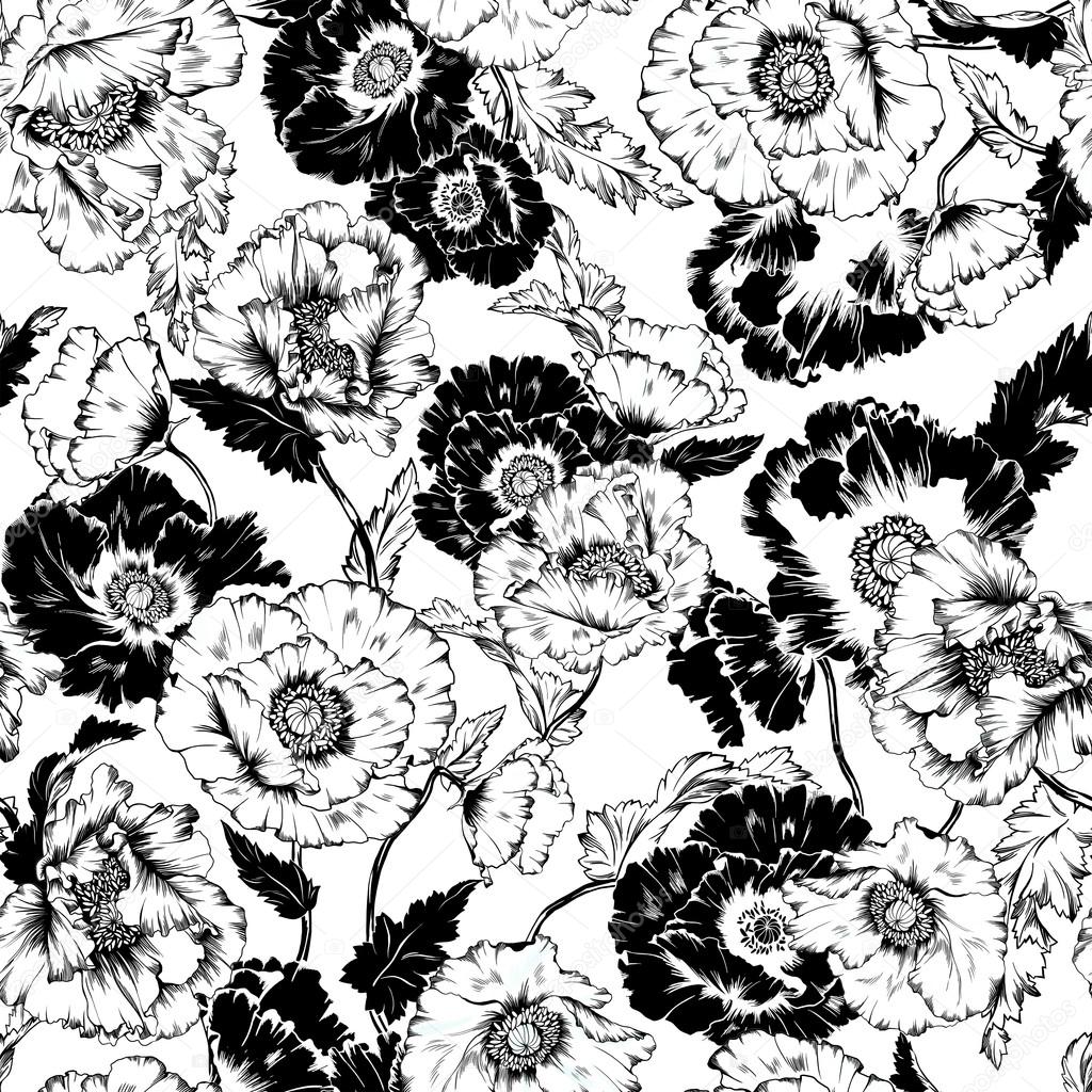 seamless beautiful hand drawn poppy flowers with leaves pattern.