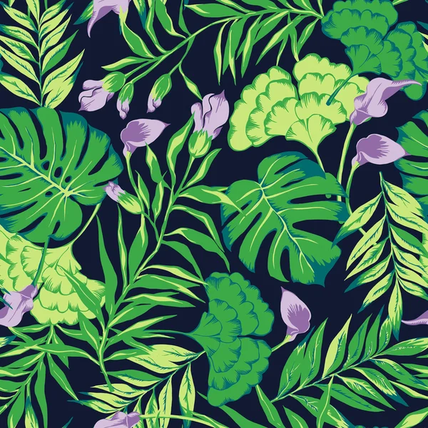 Vector seamless hand drawn beautiful artistic tropical pattern with flowers. — ストックベクタ