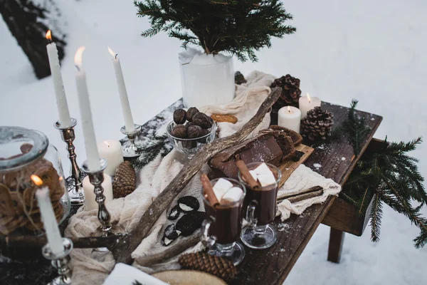 Piquenique romântico de inverno na floresta. Cacau quente com marshmallows — Fotografia de Stock