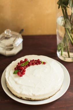 ahşap arka plan üzerinde kuş üzümü ile yoğurt kek