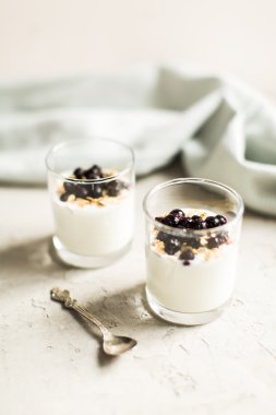 Glass 0f yogurt with muesli and black currants clipart