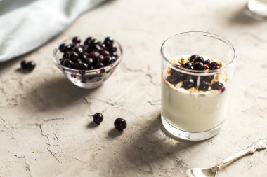 Glass 0f yogurt with muesli and black currants clipart