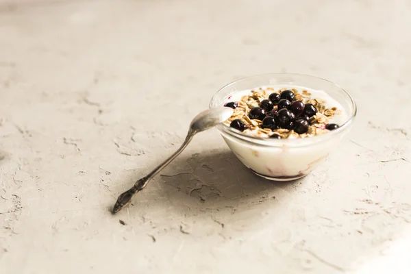 Yoghurt av glass med mysli og svart rips – stockfoto