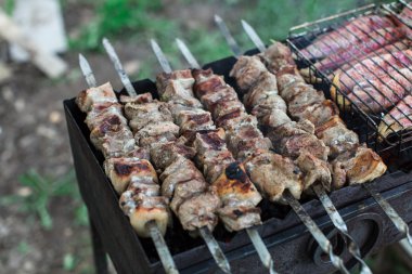 meat and fish on grill